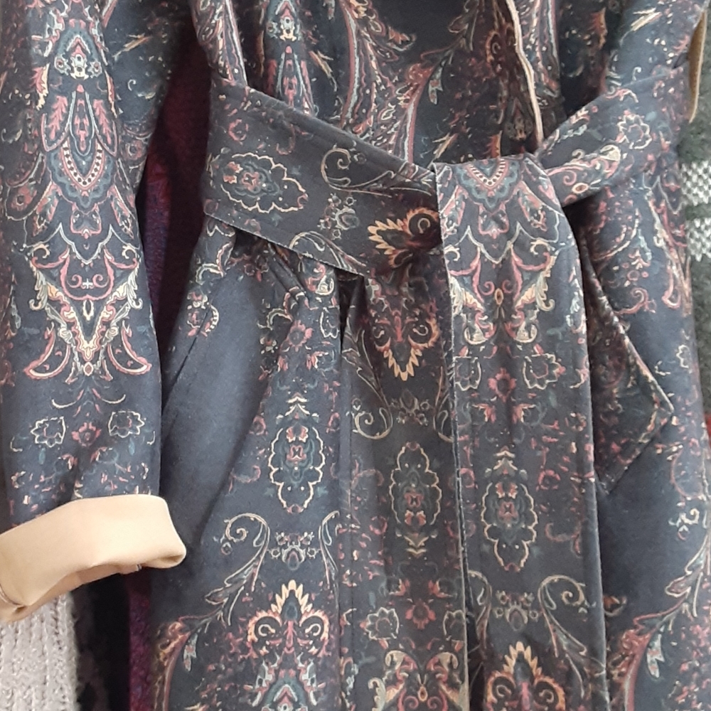 Faux Suede Paisley Print Trench Coat Sz Small